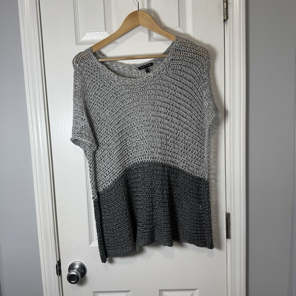 Eileen Fisher Sz M Gray Colorblock Open Twist Crochet Knit Pullover Top